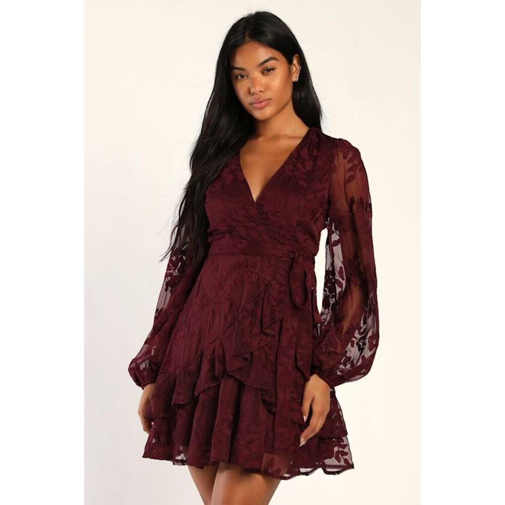 Lulus Inclined To Romance Burgundy Floral Embroidered Mini Dress - Size XL